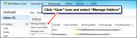 Hotmail Manage folders found in the drop down menu when gear icon is clicked